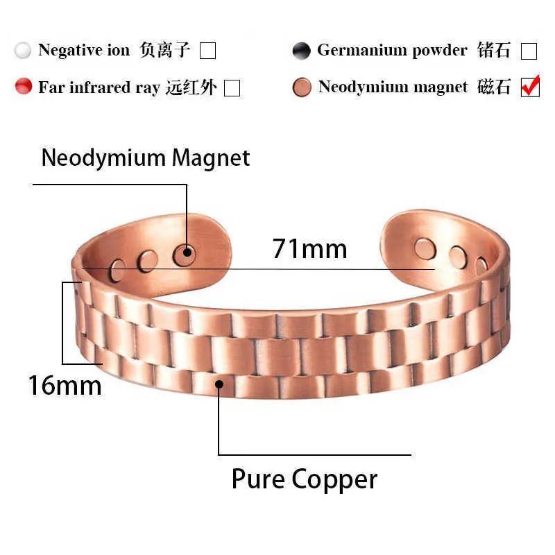 Bracelet jonc en cuivre magnétique pour hommes Bio énergie grande manchette ouverte mâle unisexe poignet soulagement de la douleur bijoux Q0720