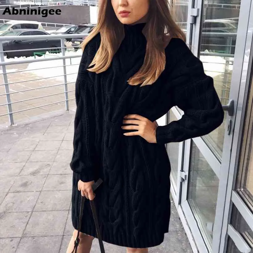 Ladies Sweater Dress High Collar Sweaters Long Sleeve Dresses Pure Color Knitted Pullovers Sweaters Vestido Loose Warm Winter 210322