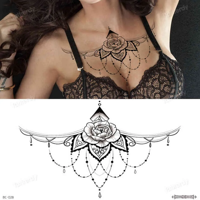 Körperschmuck-Aufkleber, temporäre Tattoos, schwarze Henna-Spitze, sexy Tattoo auf der Brust, Blumen, Rosen, Pfingstrosen, Mandala-Muster, Dekorationen