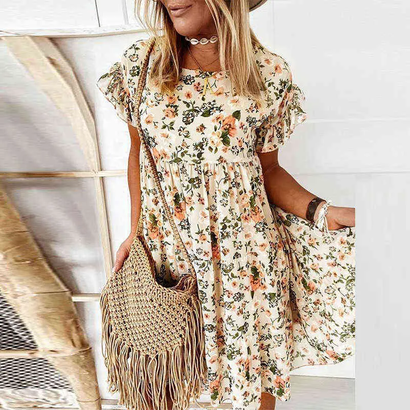 Sommar blommig tryck klänning kvinnor kausal ruffles kort ärm klänningar bohemian o neck a-line lös kvinnlig mini klänning vestidos y1006