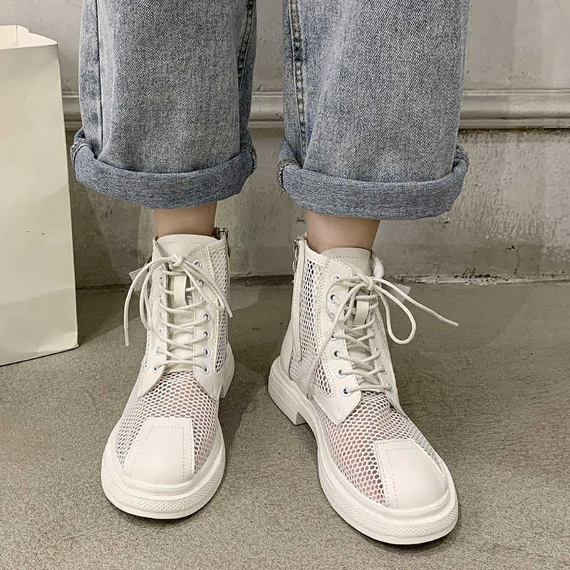 Rimocy évider maille été bottines pour femmes respirant fermeture éclair à lacets chaussures décontractées femme talons bas chaussons courts blanc Y0910