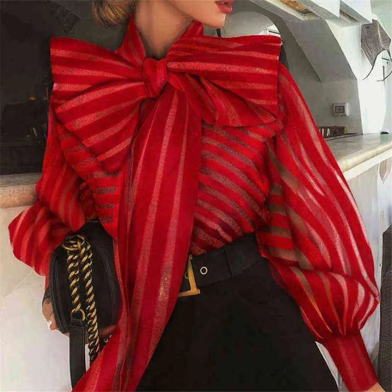 Женская сетка, прозрачная полосатая блузка Смотреть сквозь длинный рукав Верхняя рубашка мода элегантный большой бантом черный красная рубашка женщина Blusas H1230