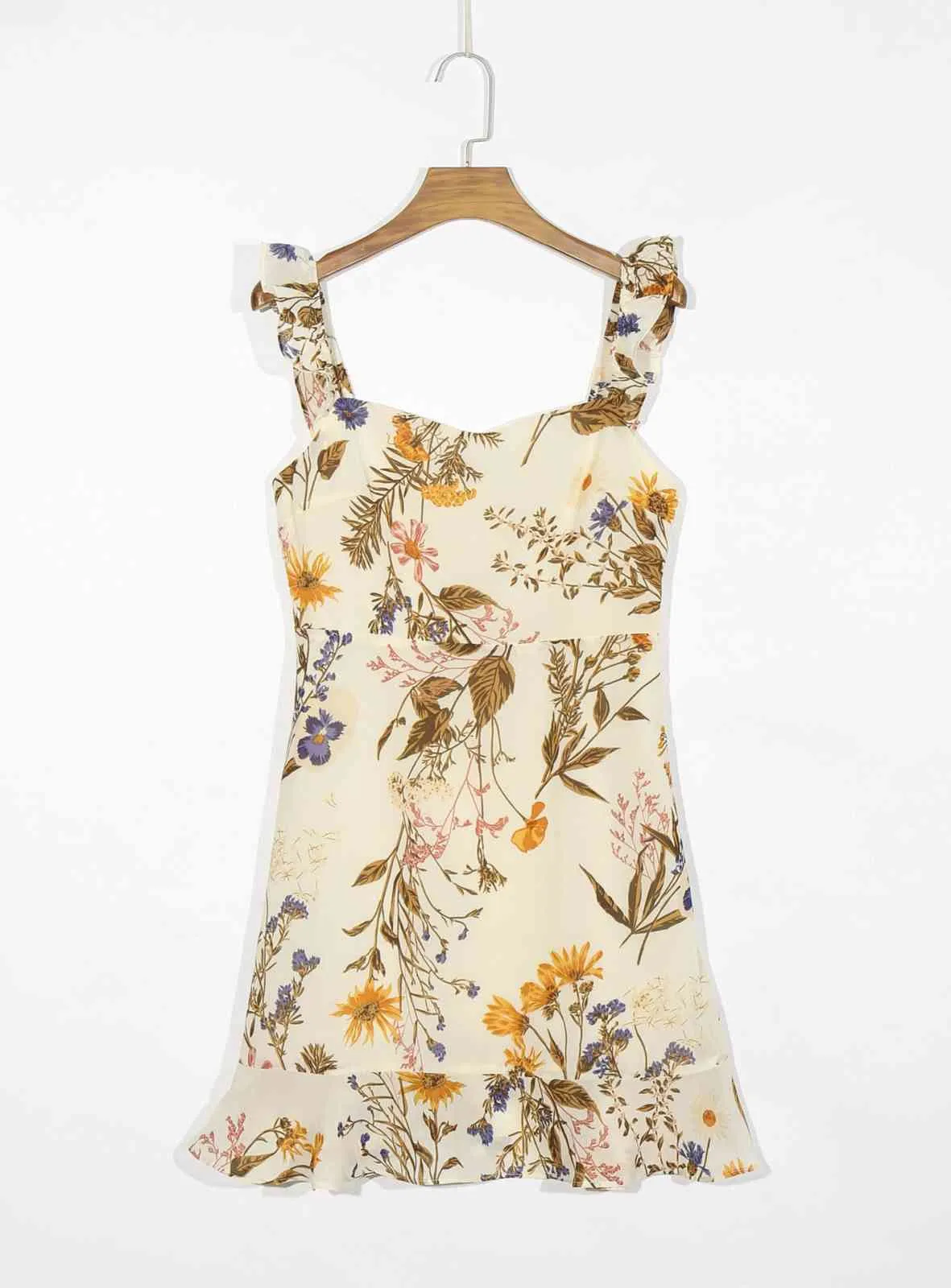 French Style Summer Vintage Yellow Brown Floral Print Women Dress Chic Tank Mini Vestidos Slim Wood Ears Ruffles Sling Dresses 210429