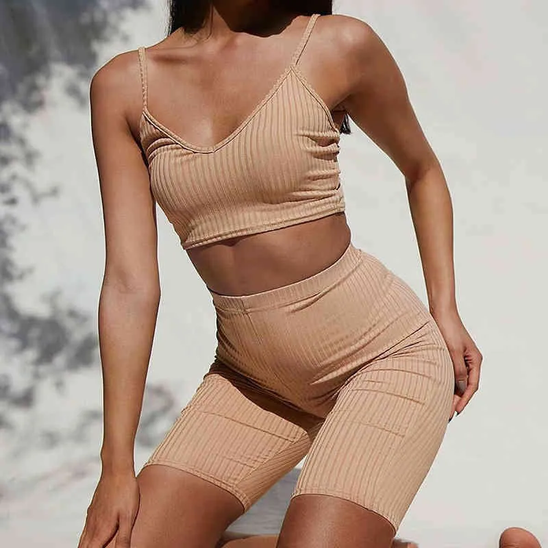 Kvinnor Ribbed Två Piece Set Slim TrackSuit Suit White Tank Tops V-Neck Crop Top + Leggings Shorts Casual Sports Outfits Summer 210517