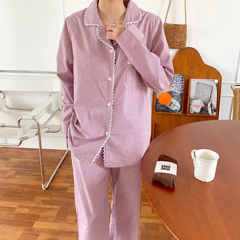 かわいい穏やかなシックなパジャマは格子縞の甘い寝室全体のマッチの優雅さの暖かい家庭用女性のソフトホーム服210525
