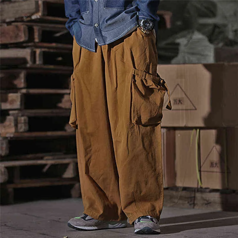 Multi Pocket Cargo Pants Mens Arbetsbyxor Safari Style Casual Wide Benbyxor Män Solid Color Baggy Byxor H1223