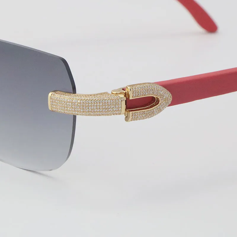 2022 Nouveau modèle de lunettes de soleil en diamant micro-pavé original en bois rouge lunettes de soleil sans monture en or 18 carats C décoration mâle femme lunettes UV 4246e