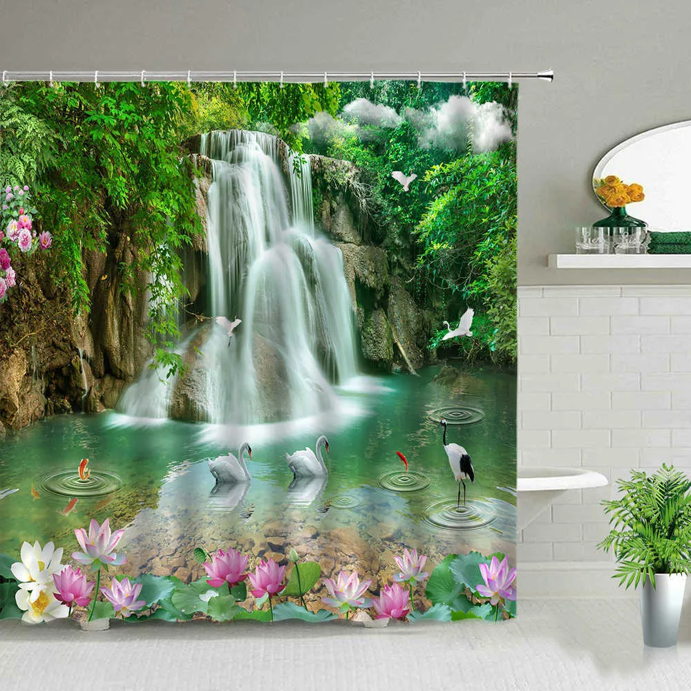 Waterval landschap bloem vogels douchegordijnen zomer natuurlijke landschap waterdichte gordijn thuis badkamer decor polyester doek 210915