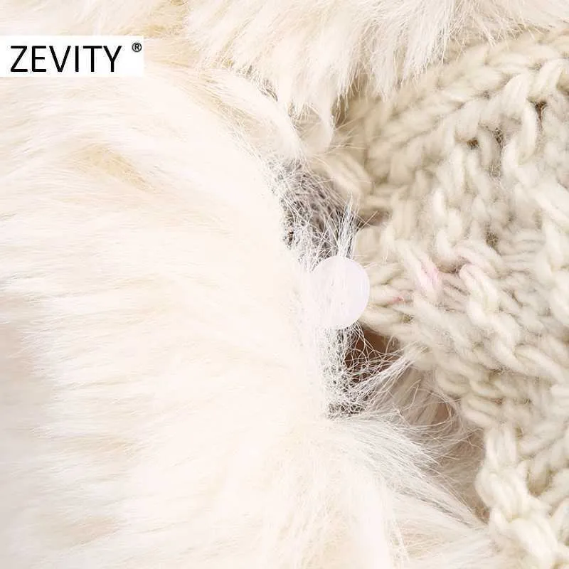 Zevity Women Fashion Faux Fur Collar Patchwork Knitting Casual sweter Femme Chic Twist Crochet Krótkie Kardigan Topy S457 210603