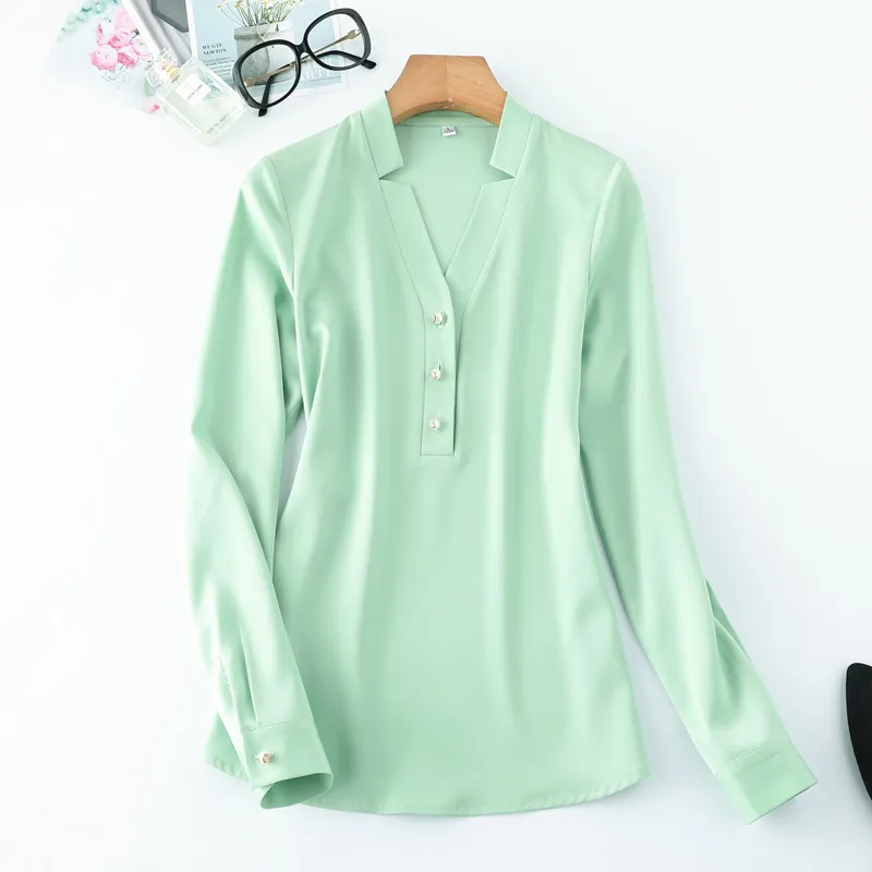 Hohe Qualität Mode Frauen Hemd Neue Herbst V-ausschnitt Langarm Slim Business Blusen Büro Damen Hellgrün Arbeit Tops 210317