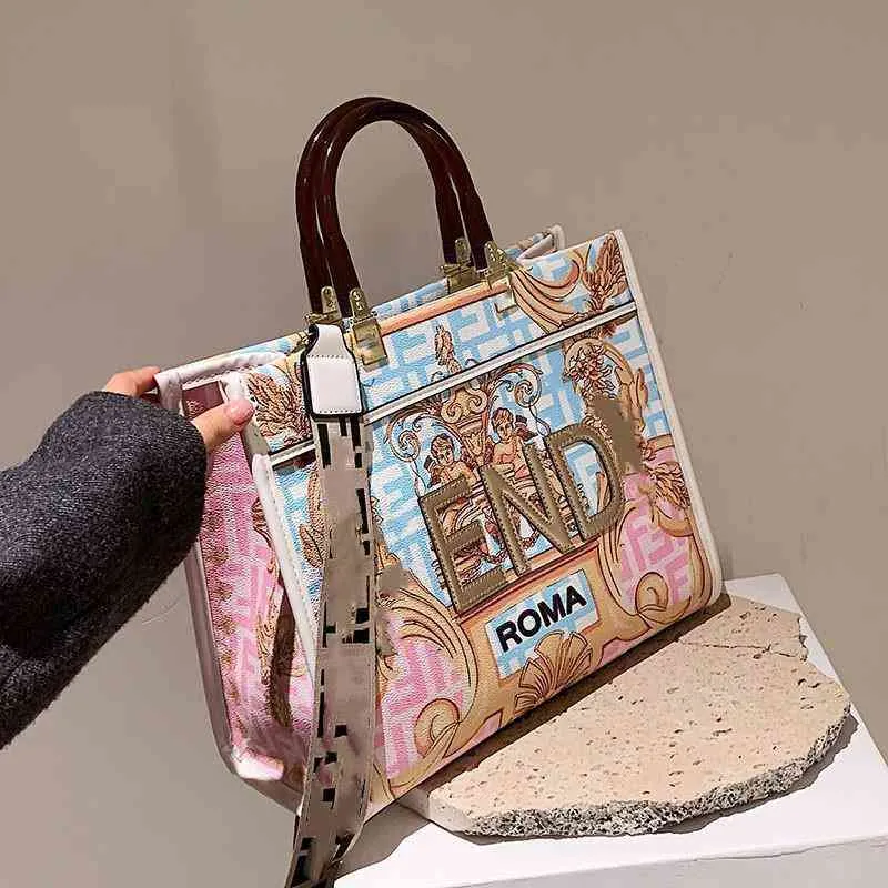 Wholesaleオンライン2022新しい女性の手の大きな外国貿易クロスボーダーワンショルダーメッセンジャーバッグ落書きカラーペイント印刷袋