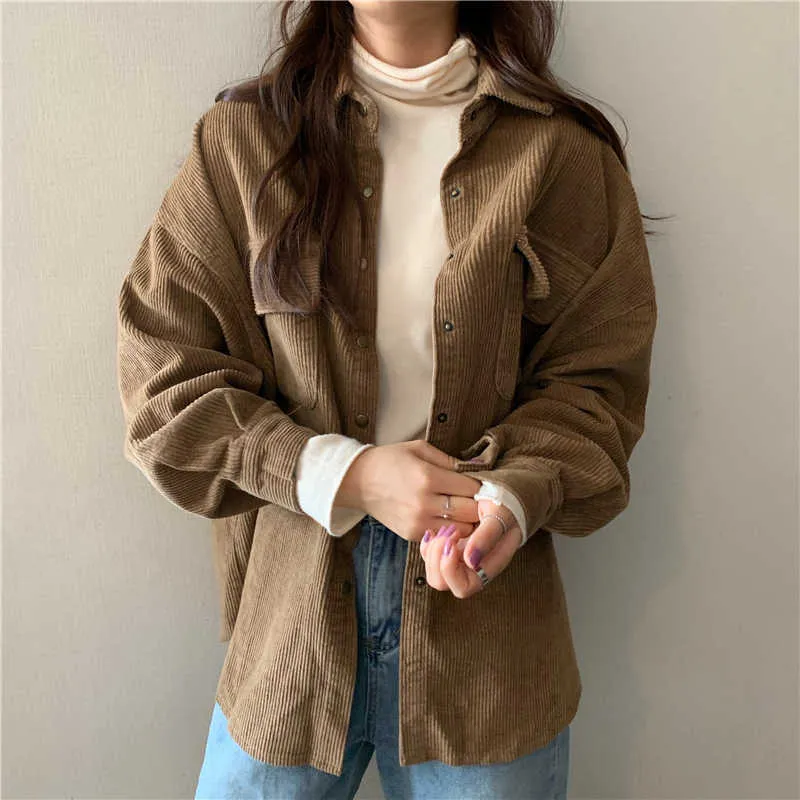 Spring Women Solid Corduroy Shirts Jackets full ärm Turn-down-krage överdimensionerade rockar Casual Autumn Basic Outwear T0O901F 211025