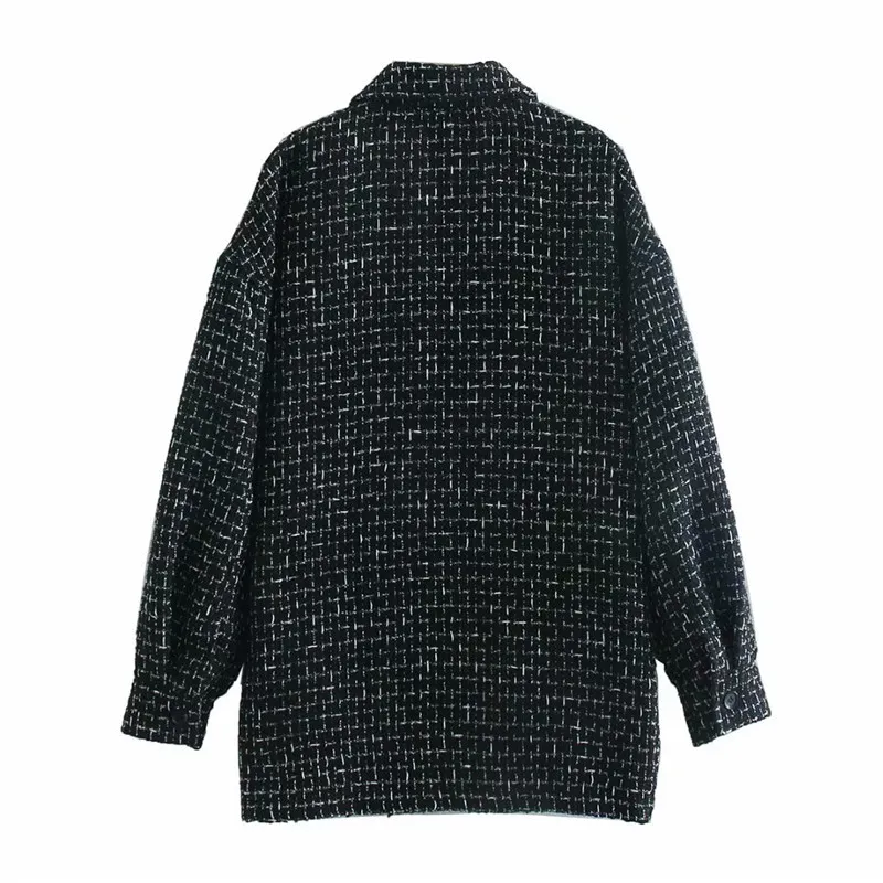 BLSSQR Snygg Loose Tweed Plaid Jacket Coat Kvinnor Mode Långärmade Fickor Ytterkläder Coats Black Chic Toppar 210430