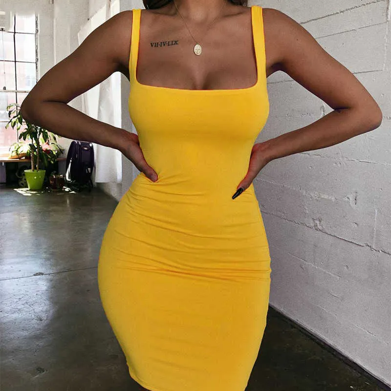 Women Sling Bodycon Dress Summer Square Neck Backless Wrap Hip Sexy Neon Green Sleeveless Club Party Mini Female 210526