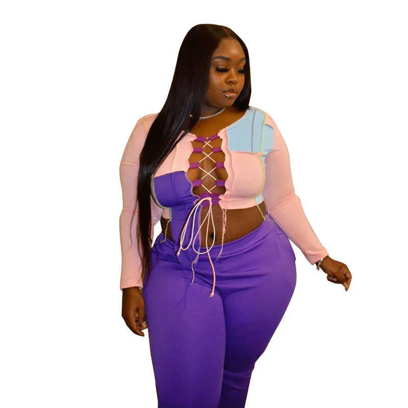 Spring Clothes Women Suit Long Sleeve Crop Tops Sexy Hollow Out and Pants Sets Plus Size Birthday Outfit Wholesale Drop 210819