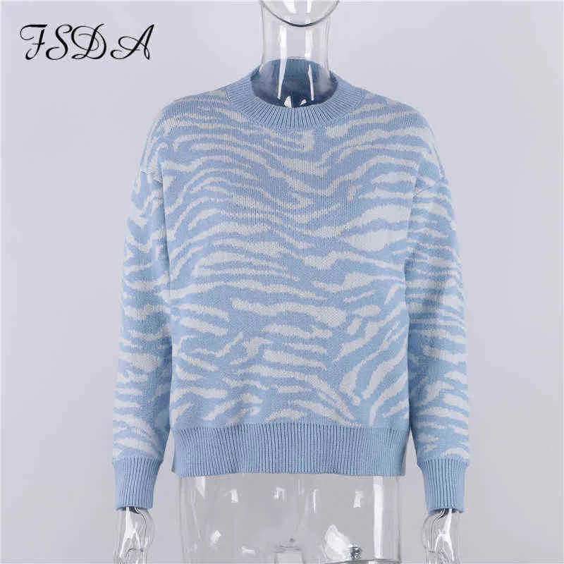 FSDA 2021 Jesień Winter Blue Casual Sweter Top O Neck Długi Rękaw Podwójny Pullover Pullover Loose Fashion Jumper Y1110