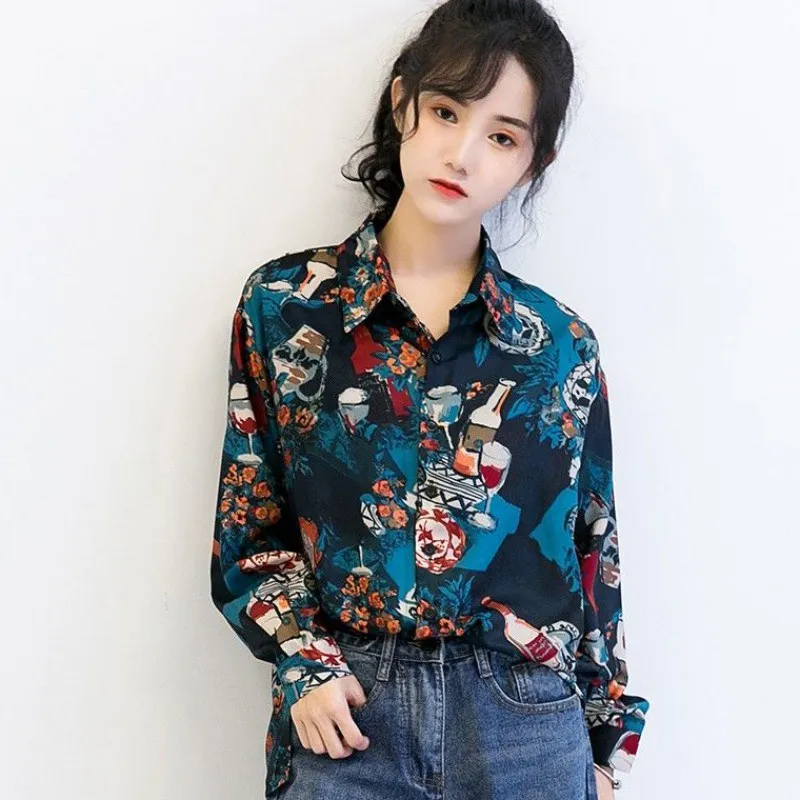 Vintage haut pour femme mode à manches longues imprimé en mousseline de soie Blouse chemise coréenne décontracté rétro chemises automne vêtements X0521