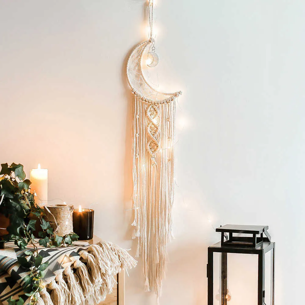 Lune étoile macramé tenture murale Boho chambre décor enfants filles décoration de la maison avec lumière LED cadeaux goutte 210609