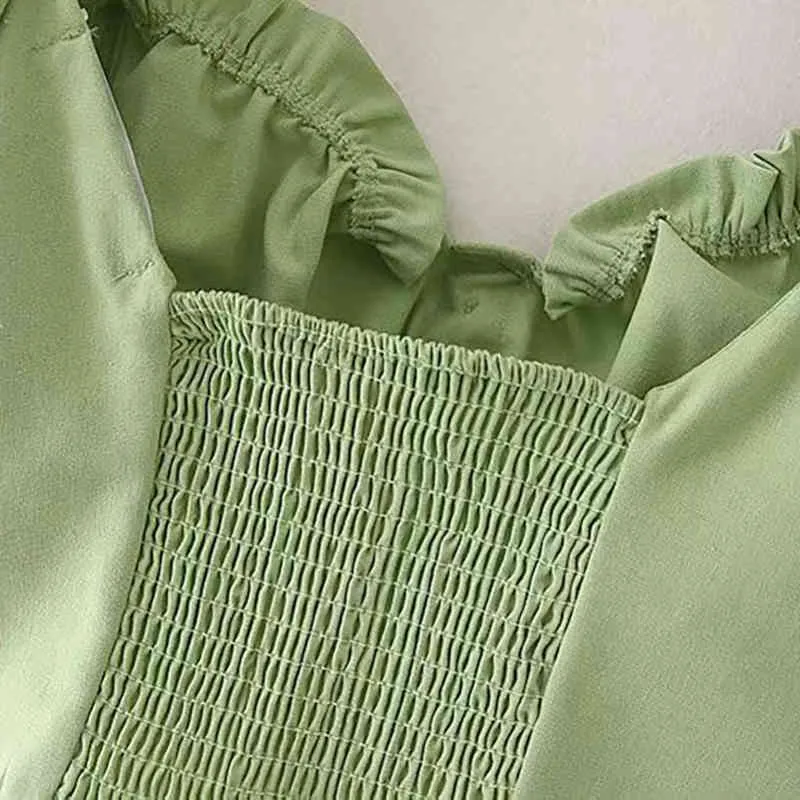 Sommer schlanke Vintage-Chic grün quadratischer Kragen Rüschen kurze Puffärmel lässig abgeschnittene Tops Blusen Frau 210514