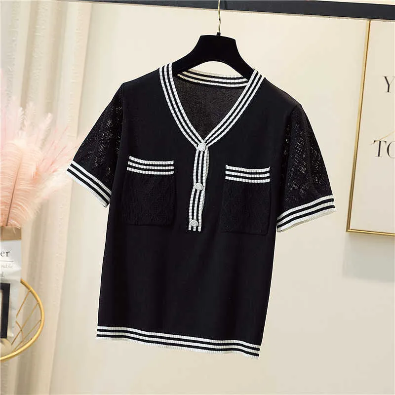 M-4XL Plus Size Dames Streep Kint T-shirt Top losse Casual Korte Mouw V-hals Zomer Dunne Trui Trui Jumper Mujer 210604