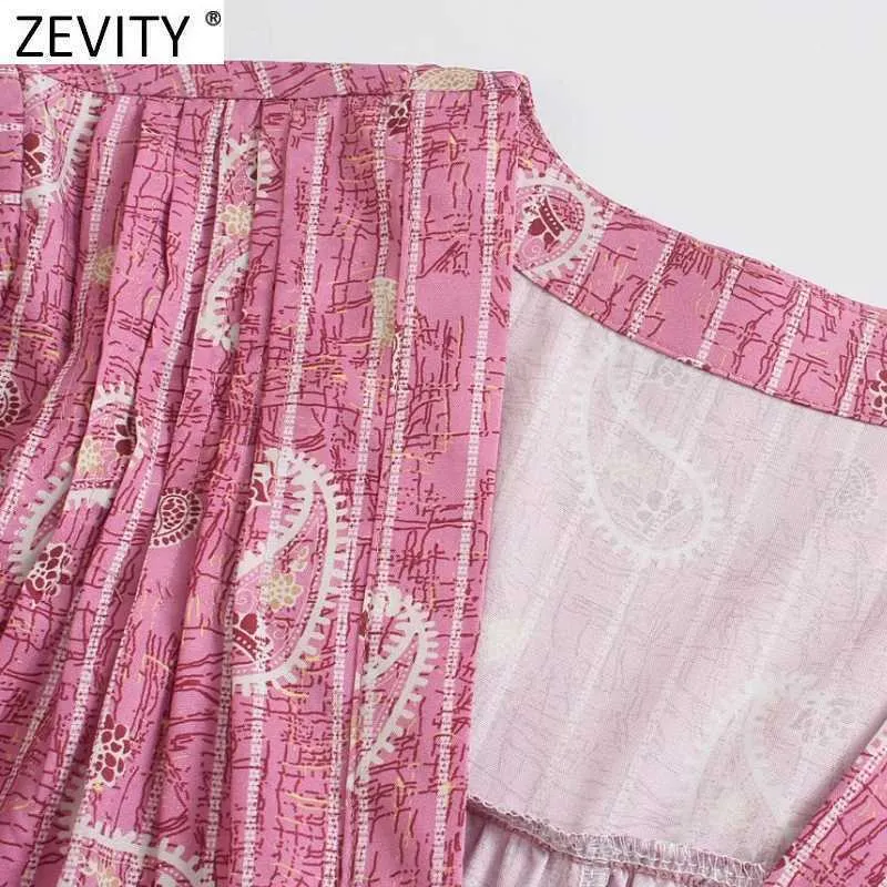 Zevidade Mulheres Vintage Paisley Impressão listrada Casual Midi Dress Feminino Plisses V Neck Nuts Vestido Chic Kimono Vestidos DS8389 210603