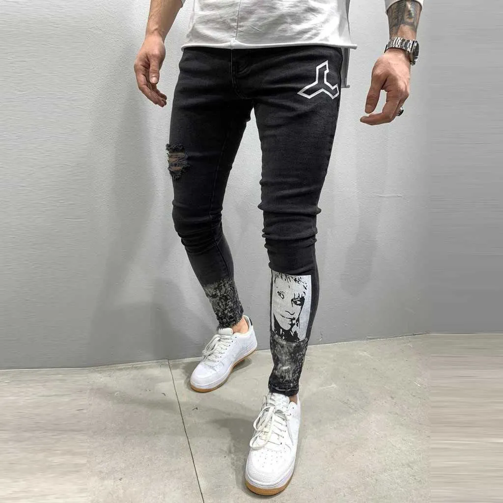 Ulica Cool Jeans Mężczyźni Skinny Patchwork Denim Otwór Wash Vintage Hip Hop Work Spodnie Slim Street Mężczyzna Drukuj Dżinsy Ropa Hombre X0621