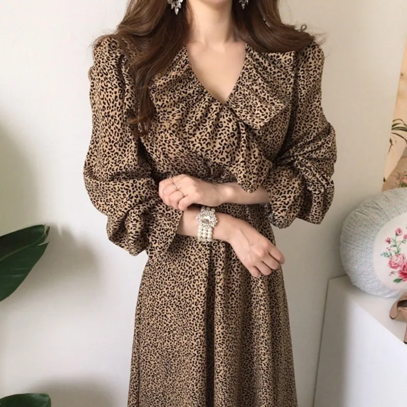 Korobov koreaanse vintage sexy luipaard print vrouwen jurk herfst lange mouw hoge taille robe femme elegante kantoor dame jurken 210430