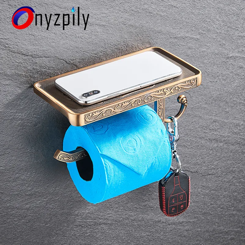 Onyzpily Porta cellulare in carta da bagno in lega di zinco intagliato antico con mensola Porta asciugamani da bagno Porta carta igienica Tessuto 210320