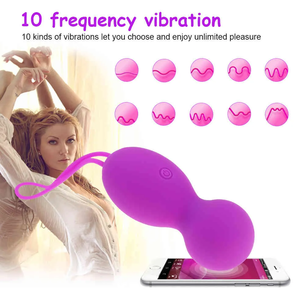 女性10周波数シリコーンKegalボールバイブレーターアプリBluetoothワイヤレスリモコンの振動卵G-Spot Pussy Massage Sex Toy 210329