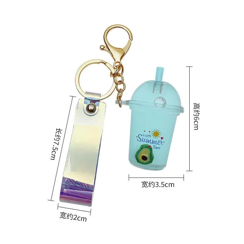 Keychains Floating Fruit Decompression Keyring Acrylic Milk Tea Cup Keychain Moving Liquid Quicksand Key Ring Car Bag Pendant Wome2842
