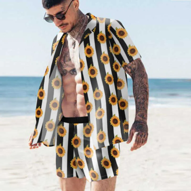 2021 Sommarutskrift Män Två Piece Set Spring V-Neck Kortärmad Toppar Skjorta och Shorts Beach Suit Fashion Male Outfits Harajuku X0610