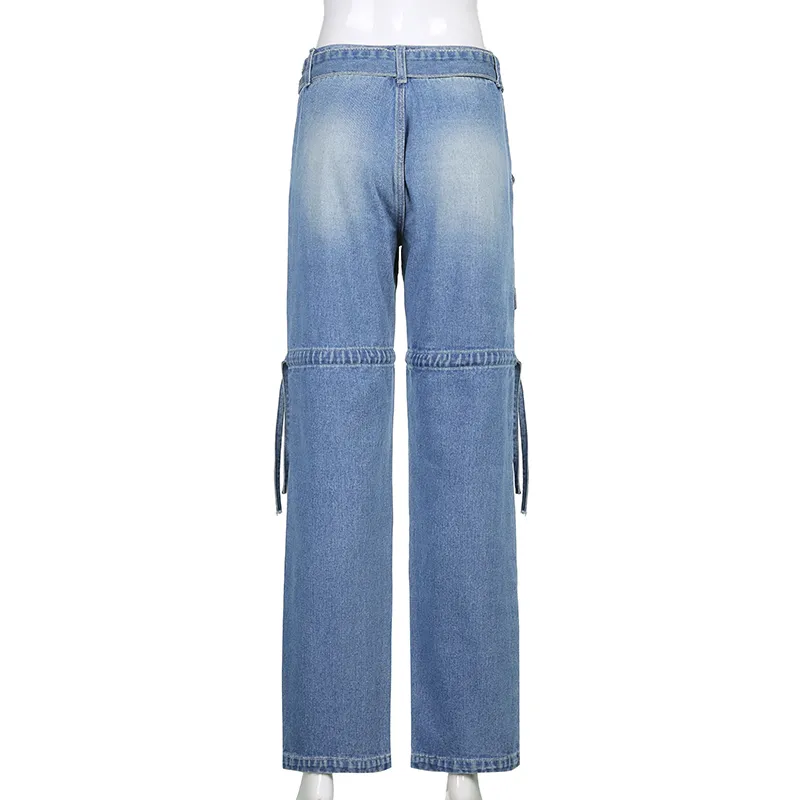 Stylowy Blue High Waist Belt Y2K Mama Dżinsy Kobiety Pełna długość Szeroki Cargo Dżinsowe Spodnie Harajuku Prosta Spodnie Streetwear 210510
