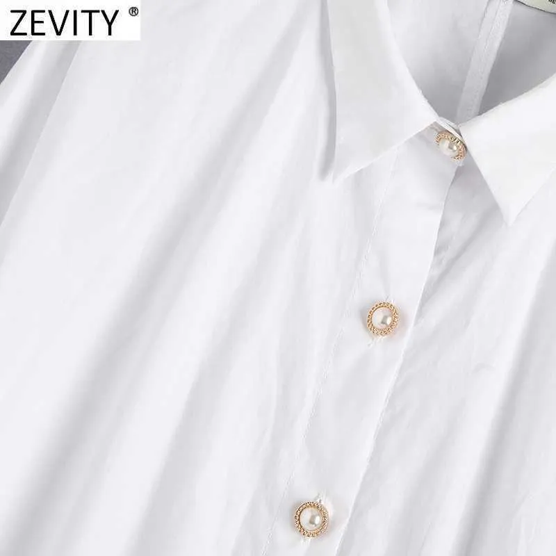 Zevity Women Fashion Diamond Buttons Decoration White Poplin Smock Blouse Office Ladies Loose Shirts Chic Blusas Tops LS7408 210603