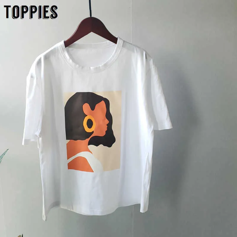 Toppies Yaz Karakter T-Shirt Moda Kızlar Kısa Kollu Baskı Koreli Kadın Giysileri Tops 95% pamuk 210720