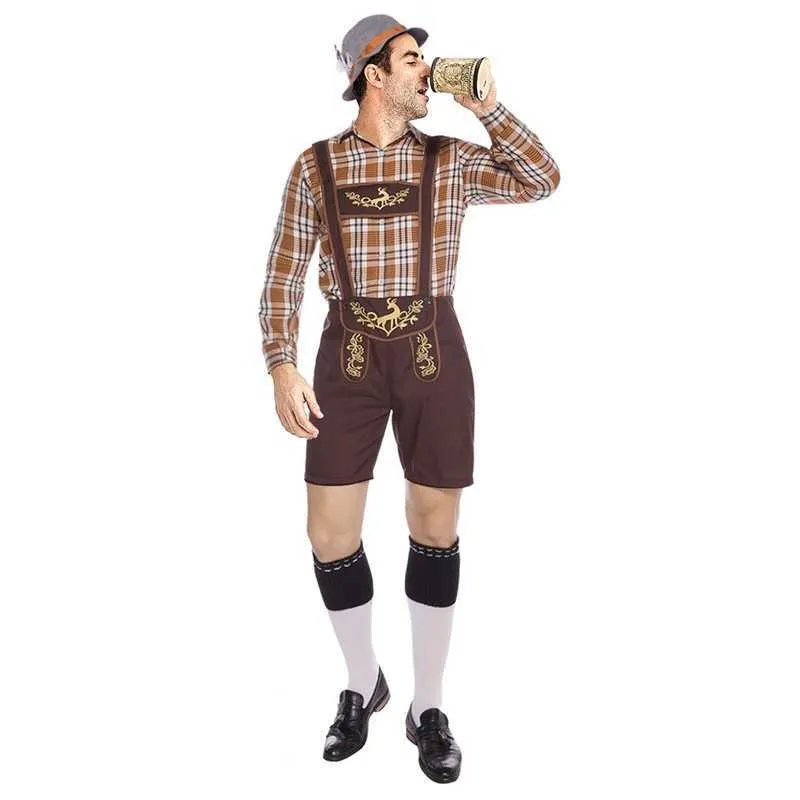 Duitsland Oktoberfest Bier Man Lederhosen Kostuum Halloween Beierse Carnaval Party Cosplay Brethers Shorts Shirt Hoed Set X0909