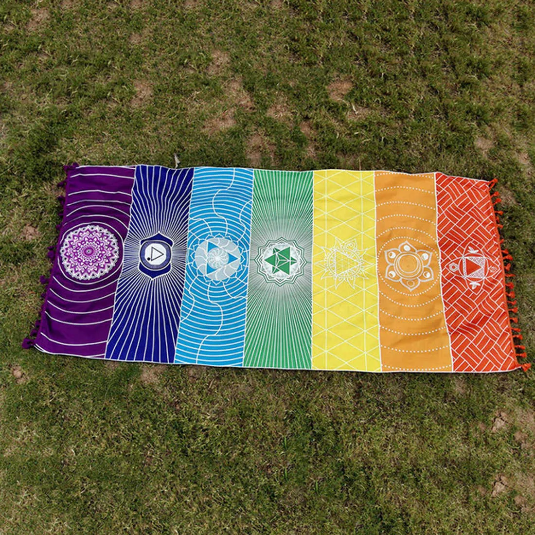 Polyester Bohême Tenture Inde Mandala Couverture 7 Chakra Couleur Tapisserie Rayures Arc-En-Ciel Voyage Plage Tapis De Yoga 210727