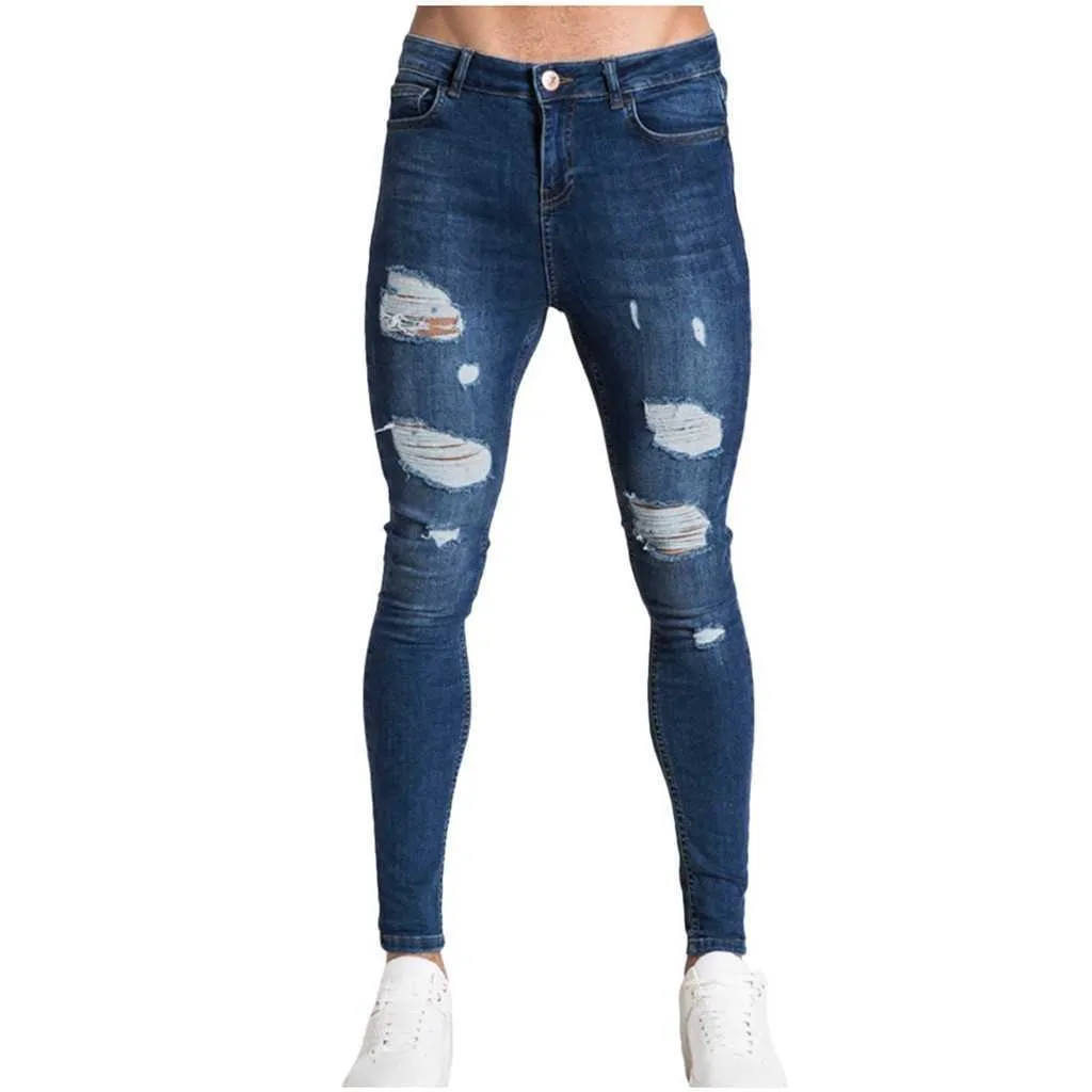 Pantalones Vaqueros Hombre Men's Fashion Denim Hole Trouser Distressed Jeans Long Pencil Pants Streetwear X0621