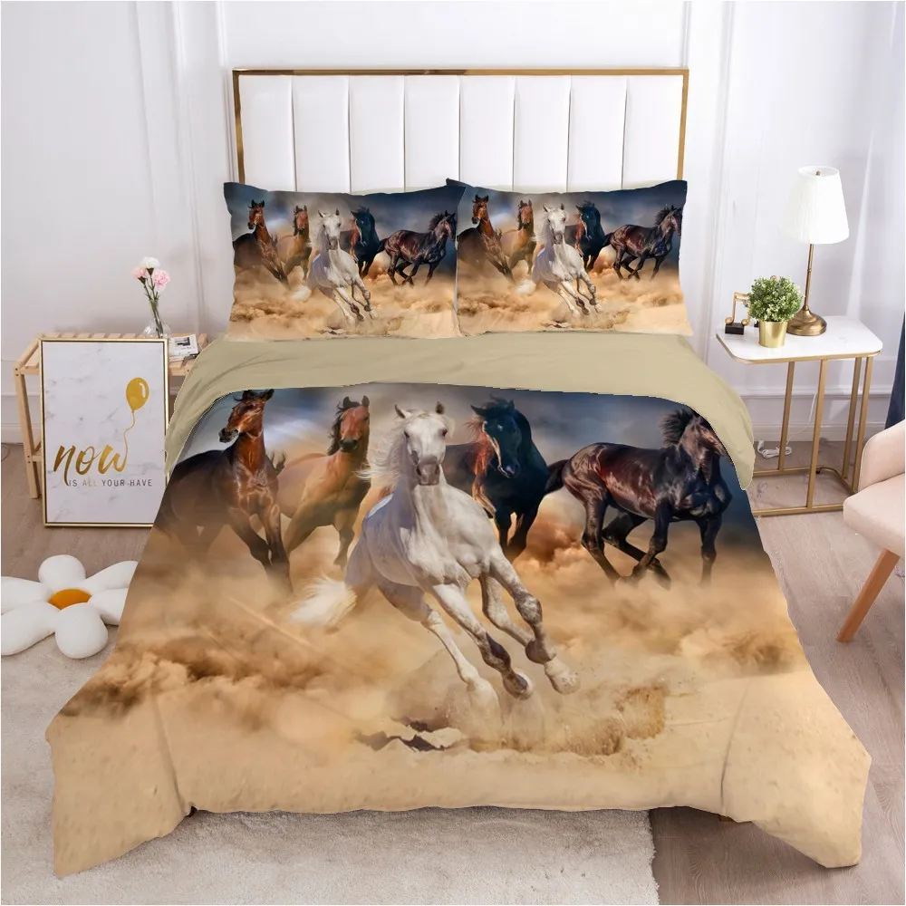 3D -sängkläder set duvet täcke täcke set comporterare kudde säng linne kung drottning full enstaka storlek vit djur häst hem texitle 23013219