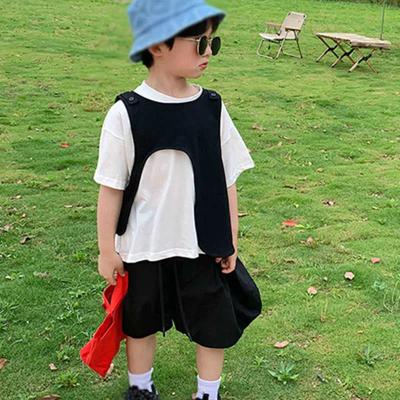 Baby Boy Summer Fashion Suit Versione coreana T-shirt lunga + Gilet irregolare Pantaloni carota 3 pezzi Abbigliamento bambini 210625