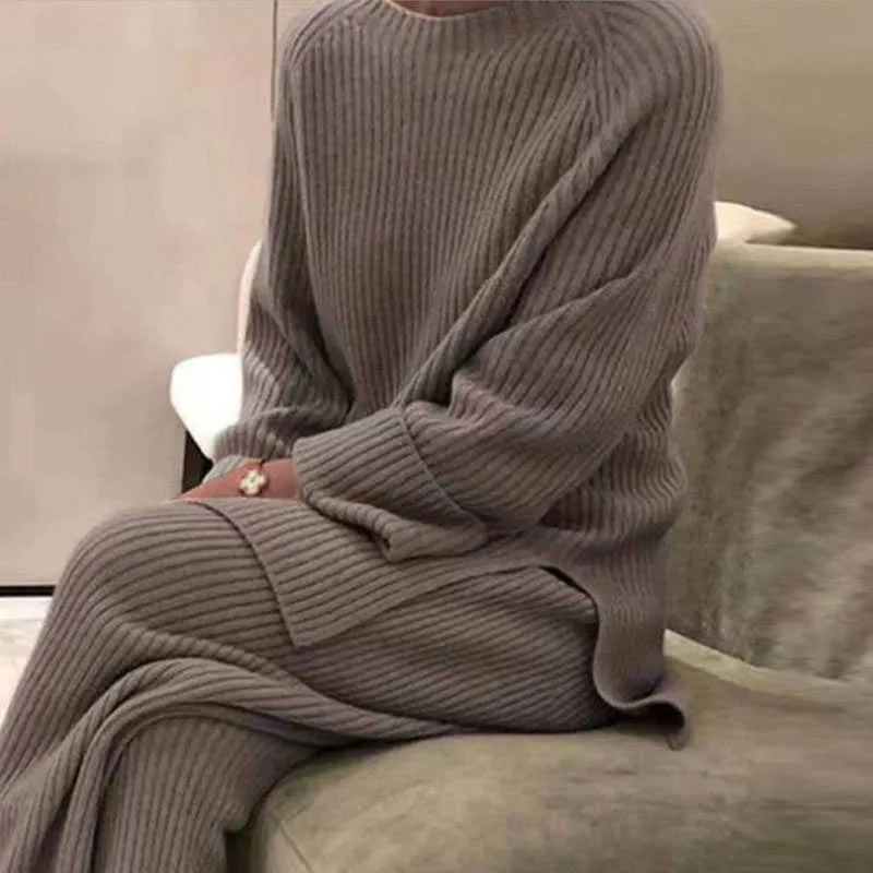 Lady Home Suit Otoño Moda Suave Casual O-cuello Pullover Tops + Pantalón de punto Homewear Pijama Invierno Sólido Mujeres Conjunto de dos piezas 211215