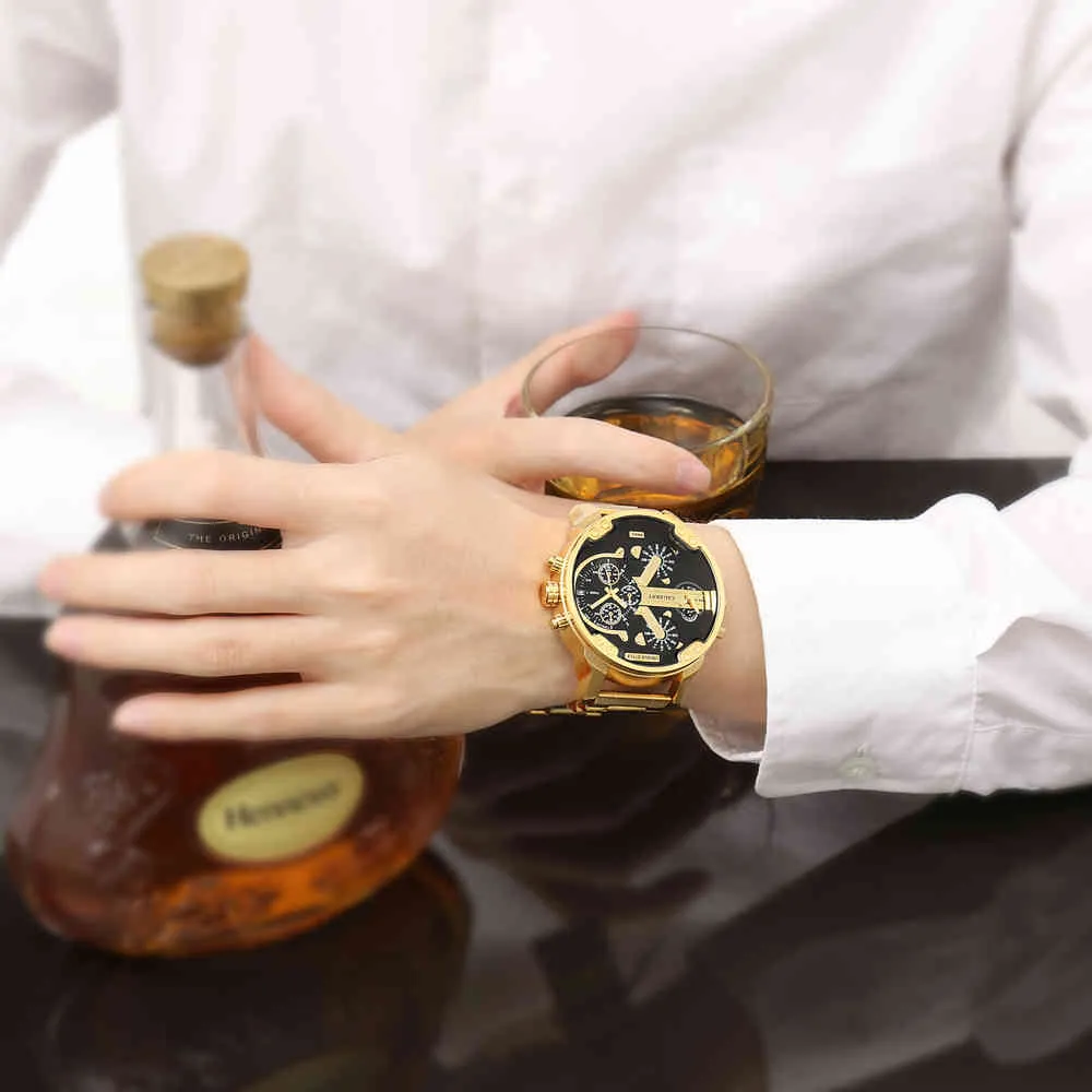 Cagarny Watches Men Fashion Quartz Wristwatches Cool Big Case Golden Steel Watchband Military Relogio Masculino  Style dz6820 (1)