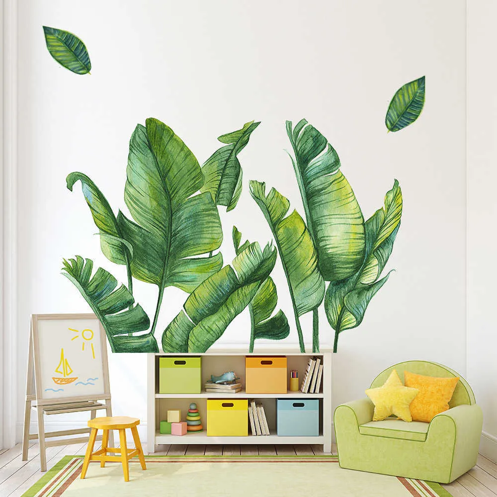 Nordic Green Leaf Plant Wall Sticker Beach Tropical Palm Leaves DIY Stickers för heminredning Vardagsrum Kök 211025