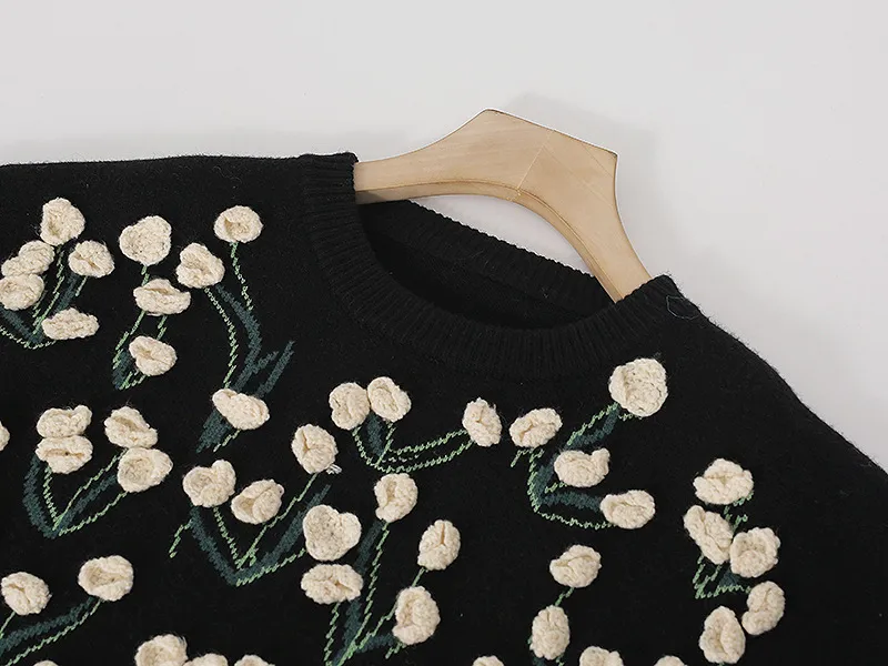 QOOTING 대형 두꺼운 겨울 스웨터 여성 손 크로 셰 뜨개질 3D 꽃 무늬 스웨터 여성 풀오버 점퍼 검은 스웨터 QT404 210518