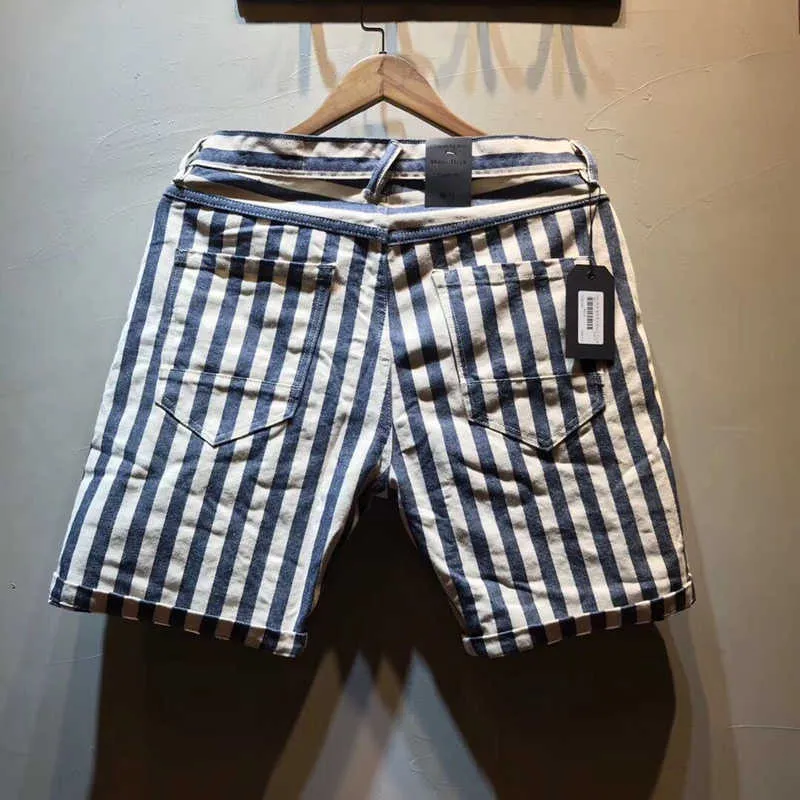 Hommes d'été marque de mode coton coupe ajustée droite japon Style Vintage rayé bleu marine Shorts décontracté és mâle chine vêtements 210806