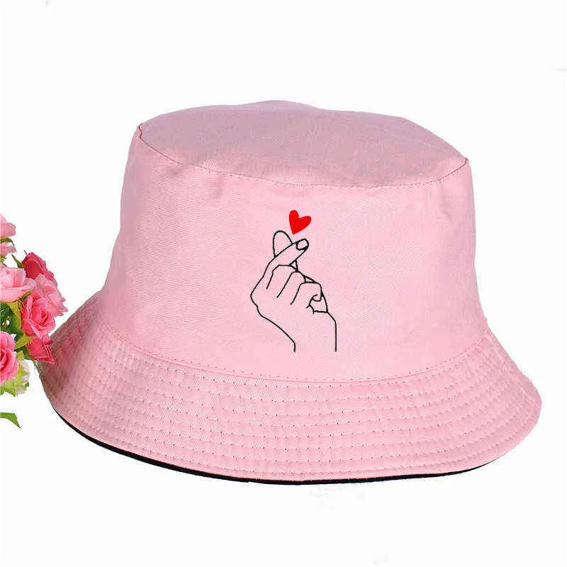 Cappelli a secchiello con stampa cuore con dita Cappelli estivi pop harajuku Donna Uomo Cappello da pescatore Cappello da pesca parasole esterno Y220301