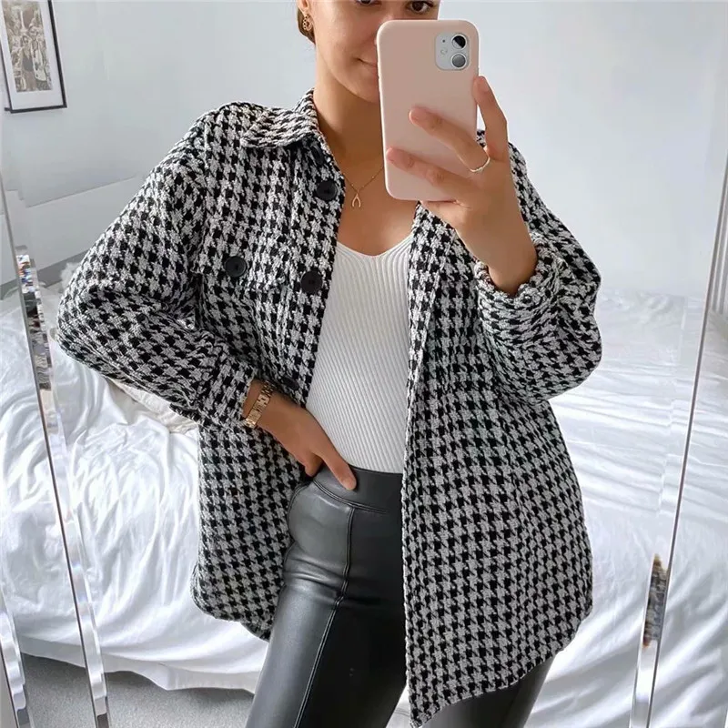 BLSQR Winter Women Houndstooth Coat Jacket Casual High Quality Warm Overcoat Fashion Long Shirt 210430