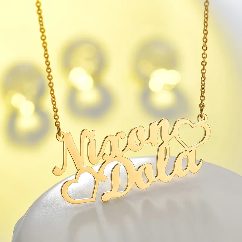 Fashion Custom Stainless Steel 2 Name Heart Necklace For Women Personalized Letter Gold277J