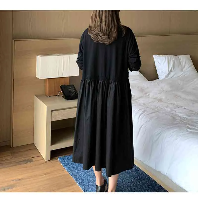 Kadınlar Pamuk Elbiseler Artı Boyutu XL-5XL Sonbahar Yuvarlak Boyun Uzun Kollu Cep Sahte Iki Parçalı Gevşek Robe 13345 210506