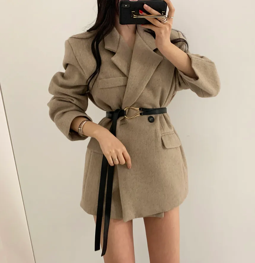 韓国のファッション女性のスーツBlazerコートベルトスプリングノッチカラーサッシオールブレンド女性ストリートウェアジャケット210513