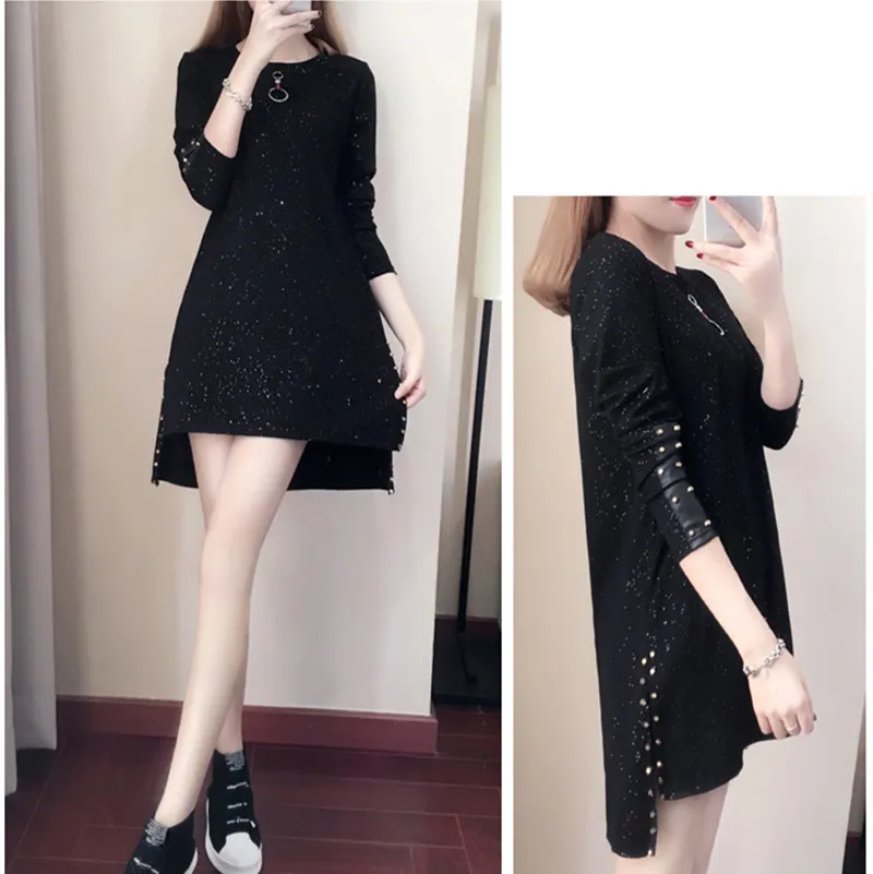 Women Black T shirt Dress Spring Autumn Streetwear Style Fashion Long Sleeve Patchwork PU Leather Rivet Dresses 210428